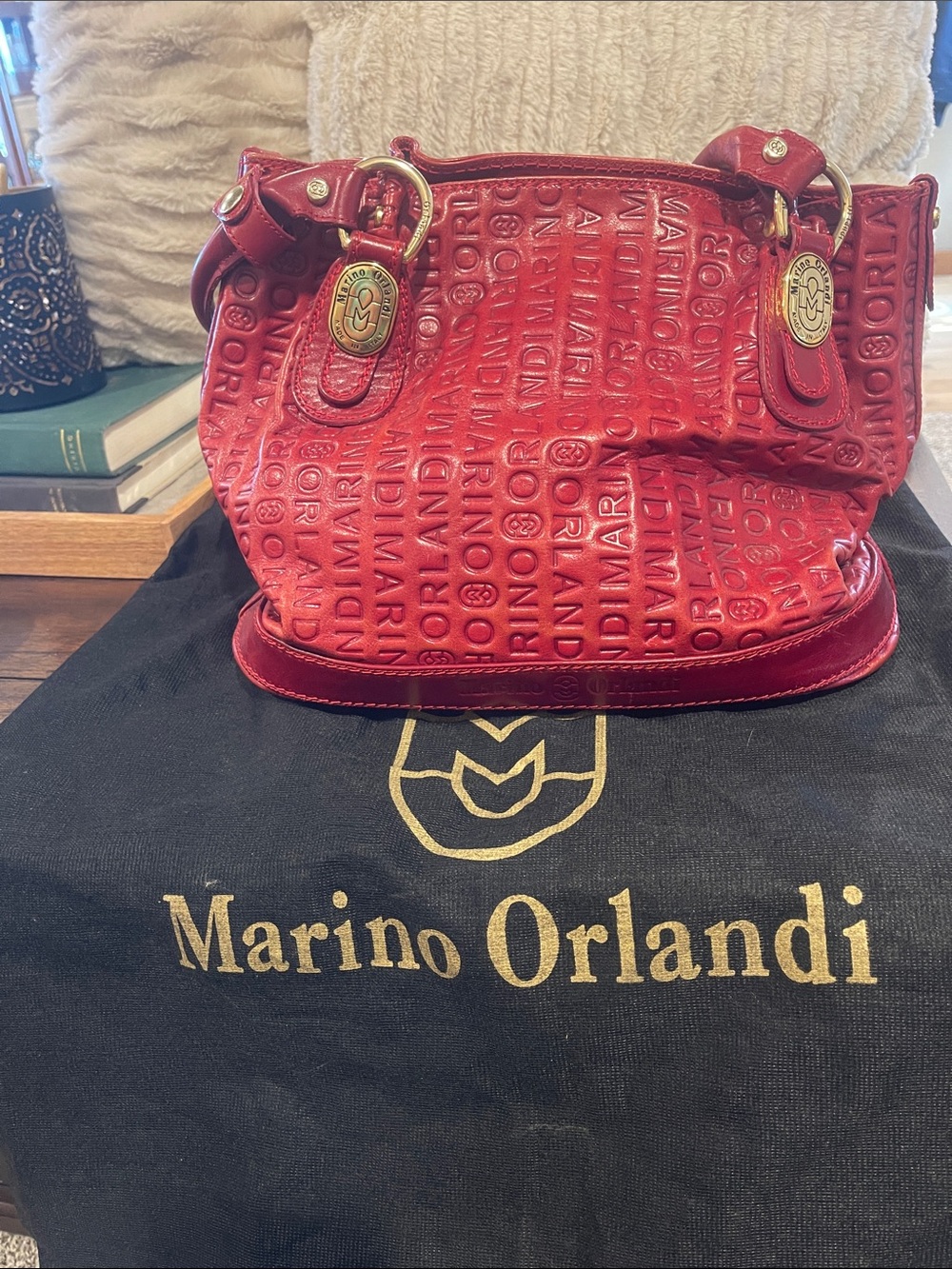 Marino Orlandi Red Embossed Logo Shoulder Bag with Gold Hardware